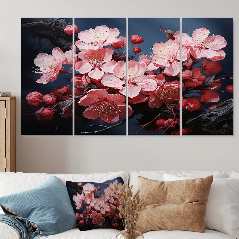 hand-painted abstract cityscape paintings-Designart "Pink Cherry Blossoms Tree At Night II" Cherry Extra Large Canvas Set Of 4 - Oversized Traditional Wall Art