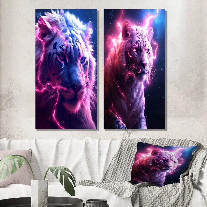 vintage nature canvas paintings-Designart "Pink Lightening WIld Tiger II" Animals Lion Wall Art Set of 2 - Children's Art Gallery Set For Office Decor