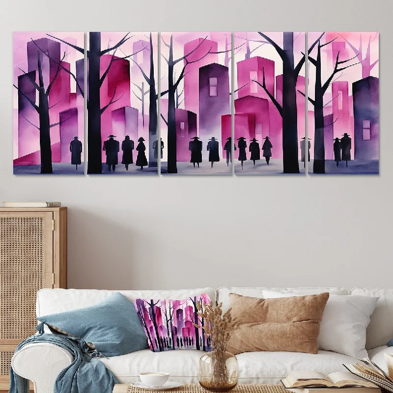 coastal cityscape decorative paintings-Designart "Pink Melodic Spirit City" Pink African American Art Set Of 5 - Global Oversized Canvas Art For Bedroom Decor