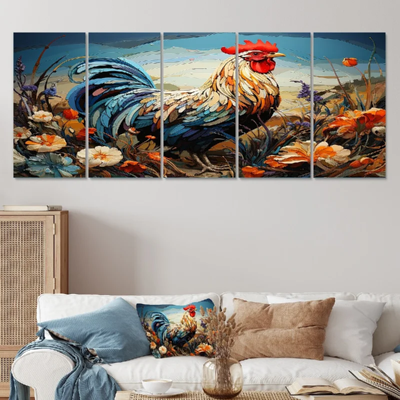 abstract botanical wall canvas paintings-Designart "Rooster Floral Farm Meadow" Red Rooster Set Of 5 - Modern Farmhouse Oversized Canvas Wall Art For Entryway