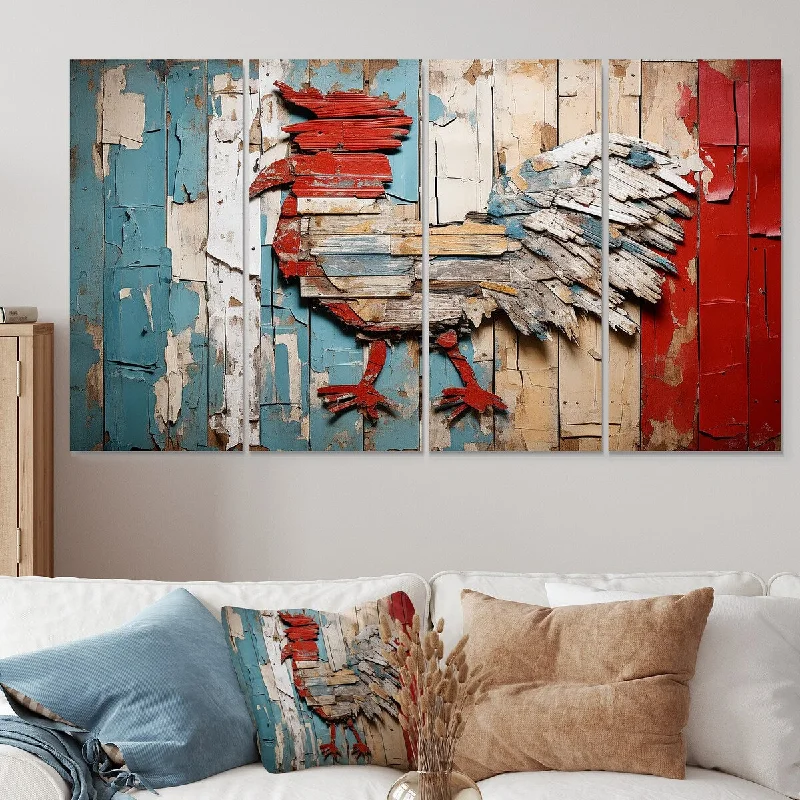 animal canvas decorative paintings-Designart "Rustic Rooster Wooden Peck I" Chicken Extra Large Canvas Set Of 4 - Oversized Modern Farmhouse Wall Art Decor