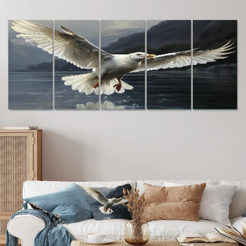 abstract vintage decorative paintings-Designart "Seagulls Flight" White Coastal Animal Set Of 5 - Coastal Oversized Canvas Art Print For Home Decor