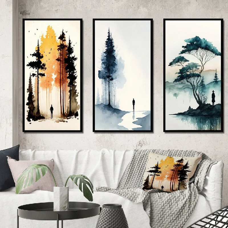 geometric and nature decorative paintings-Designart "Solitude Watercolor Man In The Autumn Woods I" Landscape Forest Frame Gallery Wall Set Of 3 For Home Decor