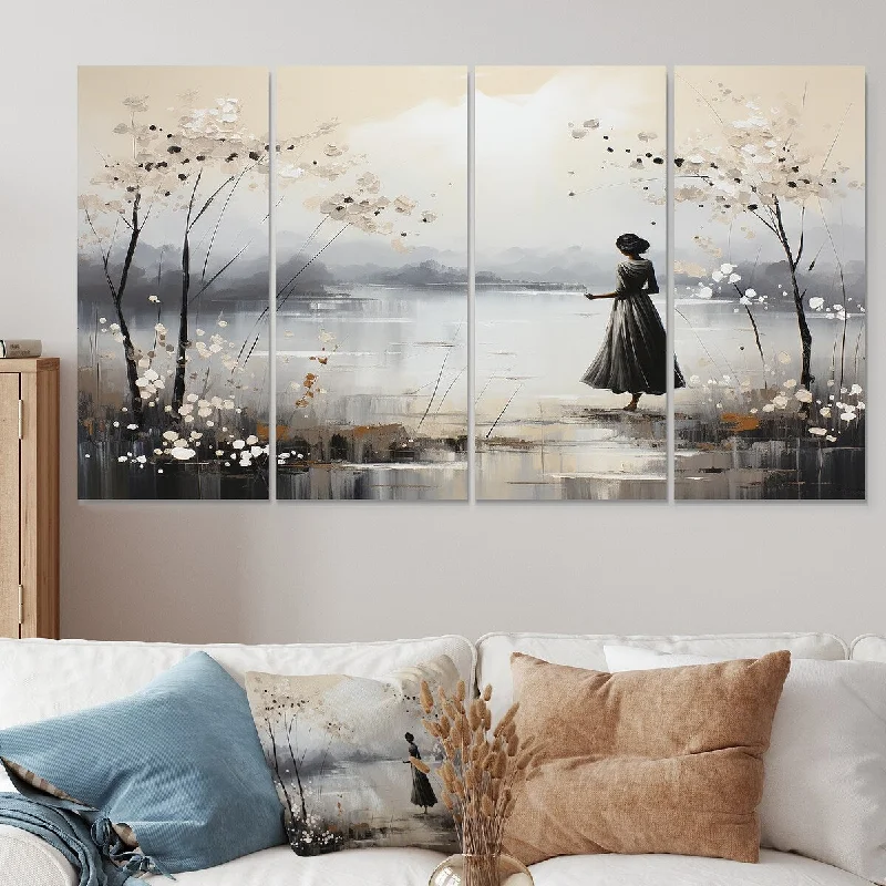 custom decorative cityscape paintings-Designart "Solitude Woman Calming Reflection Landscape" Ballet Extra Large Canvas Set Of 4 - Oversized Glam Wall Art