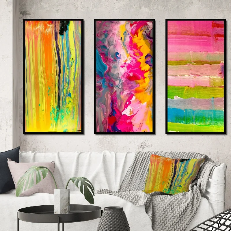 vintage beach decorative paintings-Designart "Soul Of Motion Abstract Liquid Yellow" Abstract Painting Framed Wall Art Set Of 3 - Modern For Office Decor