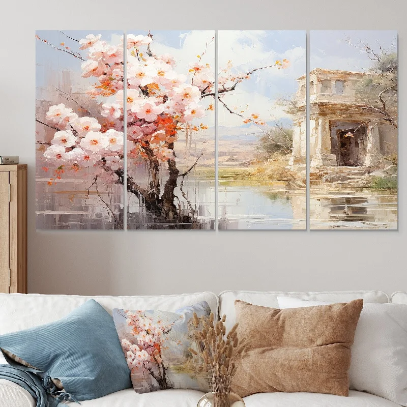 hand-painted geometric wall paintings-Designart "Springtime Roman Empire Landscape II" Italy Extra Large Canvas Set Of 4 Oversized Traditional Wall Art Decor