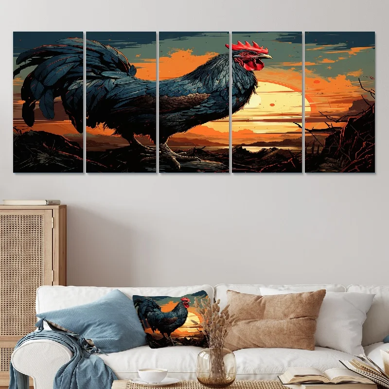 bright contemporary abstract paintings-Designart "Sunset Roosters Farmyard II" Red Rooster Set Of 5 - Modern Farmhouse Oversized Wall Decor Art For Living Room