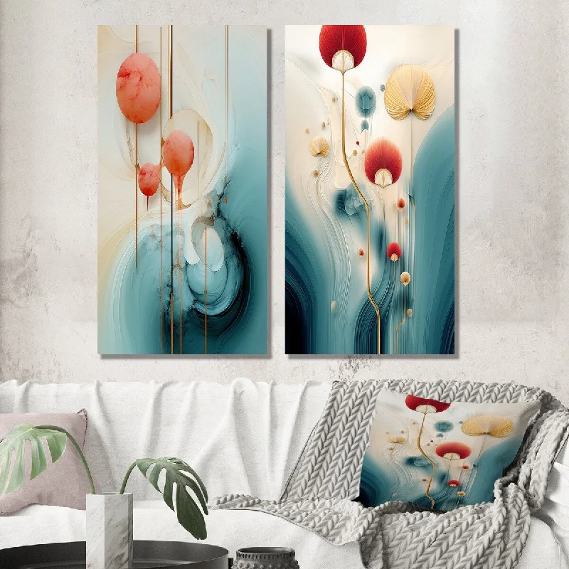 abstract canvas art for home decor-Designart "Tender Awakening In Retro Blue And Red I" Modern Geometric Wall Art Set of 2 - Modern Wall Art For Bedroom