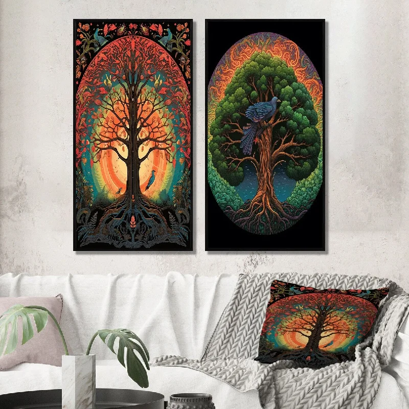 decorative black and white art paintings-Designart "Tree Of Life Retro Illustration II" Landscape Trees Framed Wall Art Set Of 2 - Traditional Wall Art Set Of 2