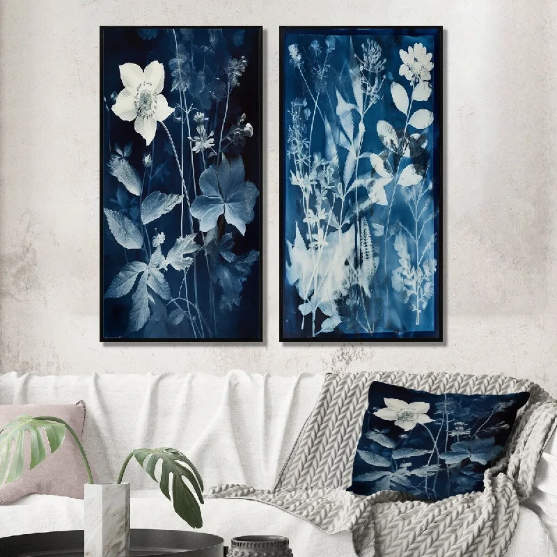 abstract nature canvas wall art-Designart "Vintage Botanical Autumn Leaves Faded Blue II" Abstract Botanicals Wall Art Décor - Modern Wall Art Set Of 2