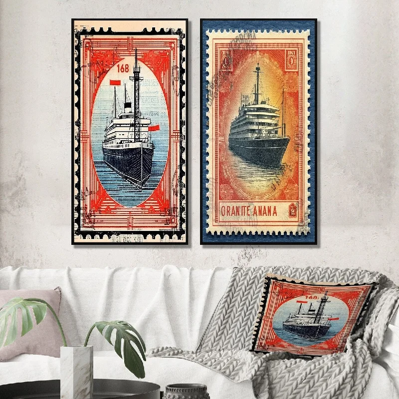 contemporary modern decorative wall paintings-Designart "Vintage Postal Stamo RMS TItanic II" Boat Framed Wall Art Set Of 2 - Modern Gallery Wall Set For Home Decor