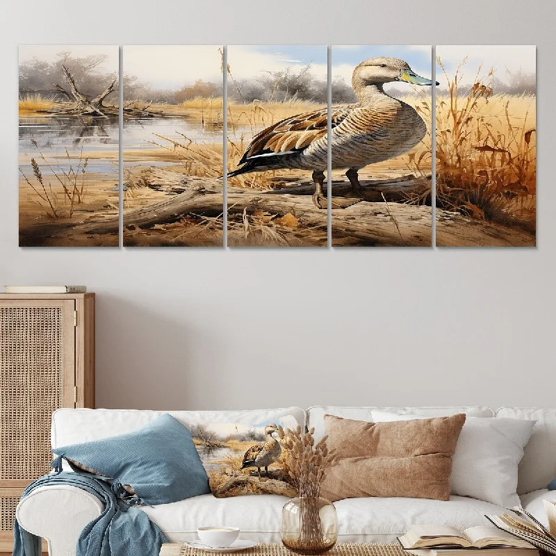 minimalist landscape wall art paintings-Designart "Waddling Duck In The Countryside II" Duck Set Of 5 Modern Farmhouse Oversized Canvas Art Print For Home Decor