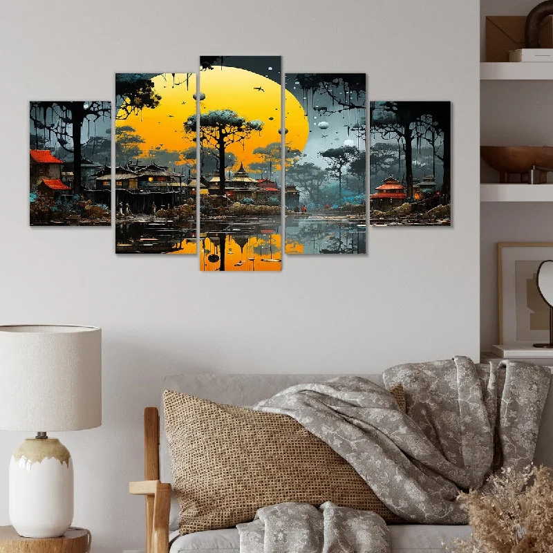 relaxing landscape art paintings-Designart "Yellow African Pygmy Village Chronicles I" African Tribal Set Of 5 Oversized Canvas Wall Art For Entryway