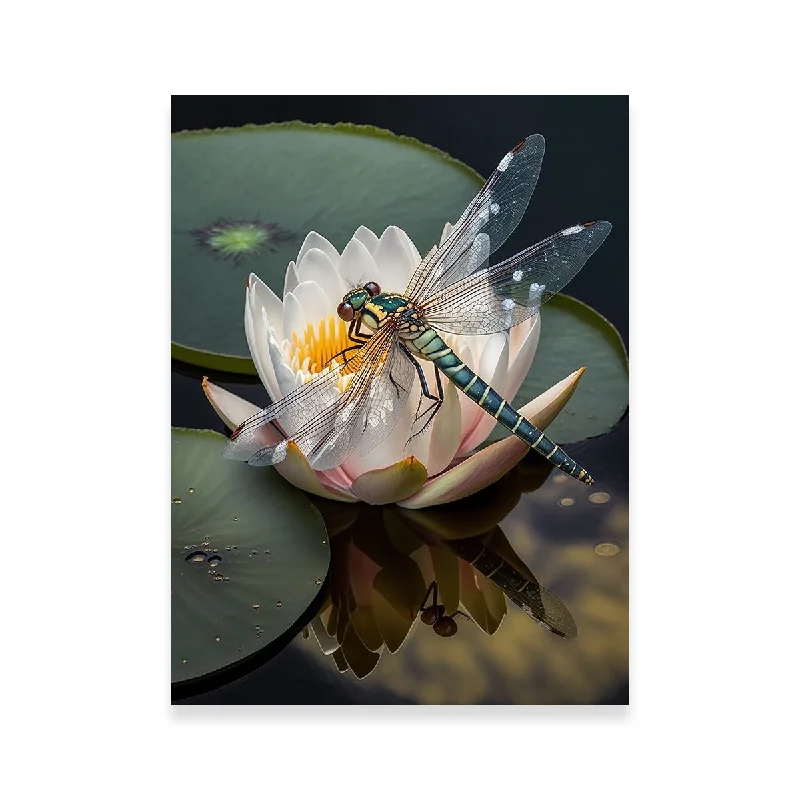 abstract landscape wall art-Dragonfly Resting on a Water Lily