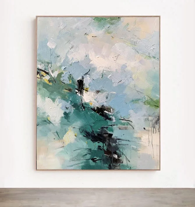 retro beach abstract paintings-Inspire - Large White, Blue and Green Abstract Painting on Canvas